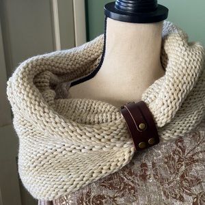 Boutique oatmeal scarf with brown faux leather  cuff
